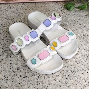 Sophia Webster White Leather Becky Gem Slides Sandals Size 38